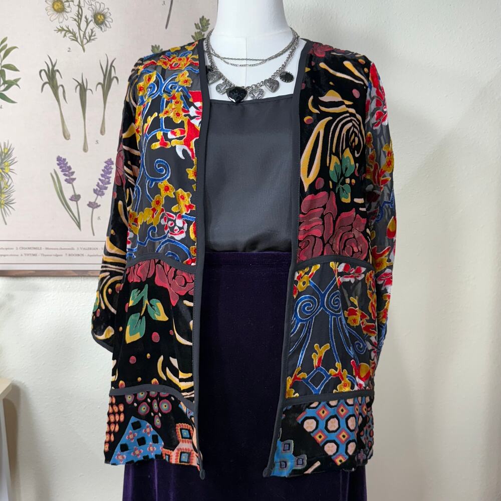 Floral Patchwork Burnout Velvet Jacket Whimsigoth Dark Fairy Y2k Artsy Boho PS - Picture 1 of 9